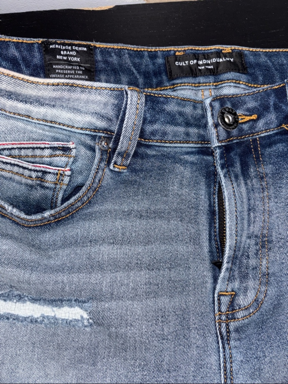 Cult of Individuality Men's Light Blue Slim Jeans with Faded Wash